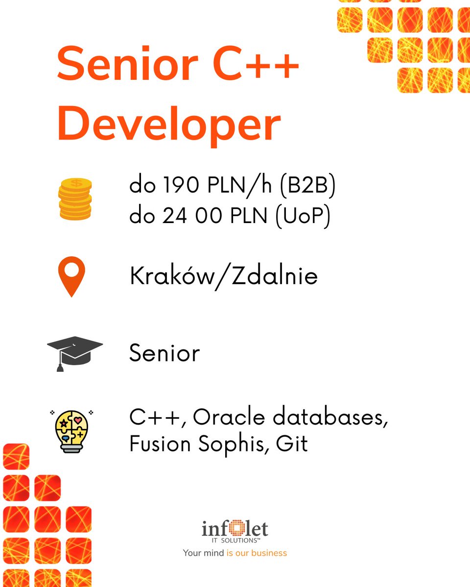 InfoletPL's tweet image. 🚨Senior C++ Developer 🚨
Jeśli dobrze znasz C++, masz doświadczenie w pracy z bazami danych Oracle i chcesz rozwijać swoje umiejętności w branży fintech, mamy ofertę, która Cię zainteresuje! 📈📊
Szczegóły oferty 👇🏼📩
infolet.recruitify.ai/job/SeniorCDev…
#fintech #cplusplusdeveloper
