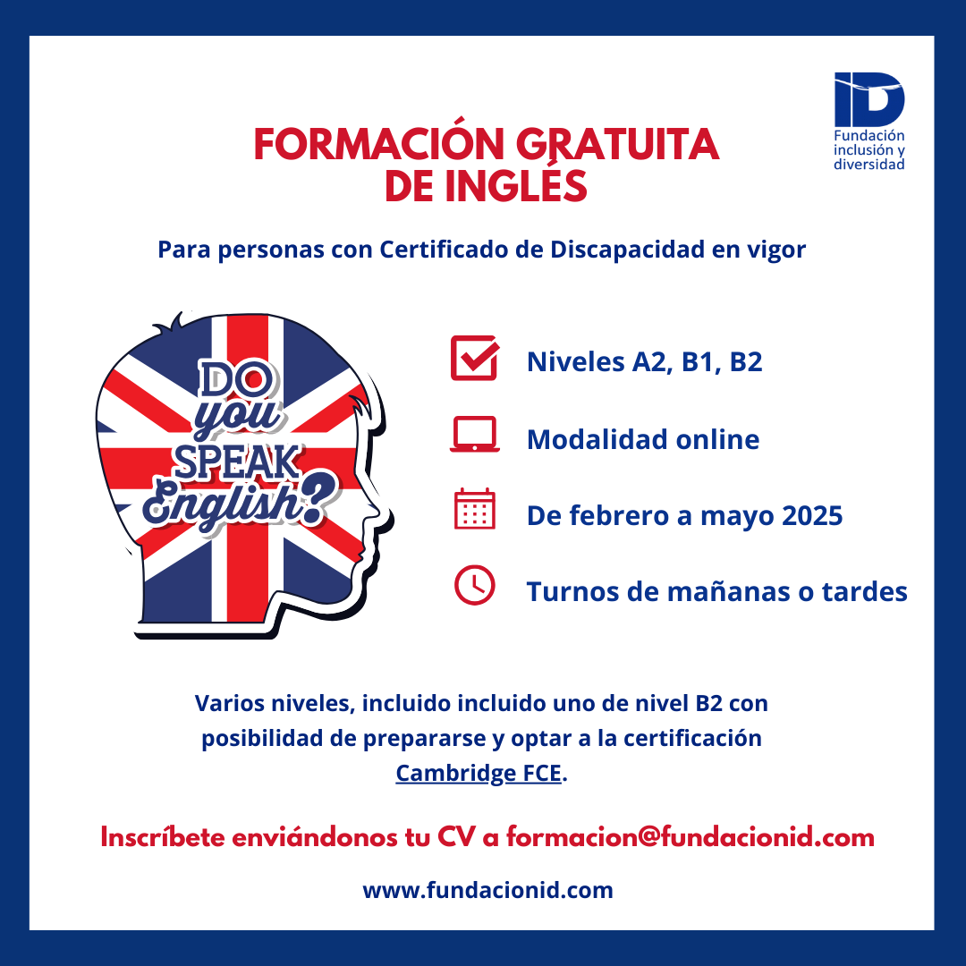 🚨ATENCIÓN🚨
Si tienes certificado de discapacidad, este curso de inglés 100% gratuito e para ti
✨ Imagina:
📢 Entrevistas en inglés sin miedo
🌍 Viajes internacionales con seguridad
💼 Nuevas oportunidades laborales
Apúntate: empleo.fundacionid.com/jobs/curso-ing…
#discapacidad <a href="/YDiversidad/">Fundación Inclusión y Diversidad</a>