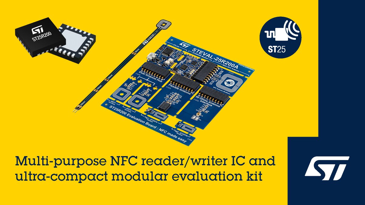 ST_World's tweet photo. 📢Jumpstart #NFC development with ST’s latest-generation ST25R200 #NFCreader that combines an advanced design for strong #wireless connections with low power consumption and controls for signal quality and power management. Discover STEVAL-25R200SA ➡️ https://t.co/IdhTK8j5kS https://t.co/5E24NxfL4p