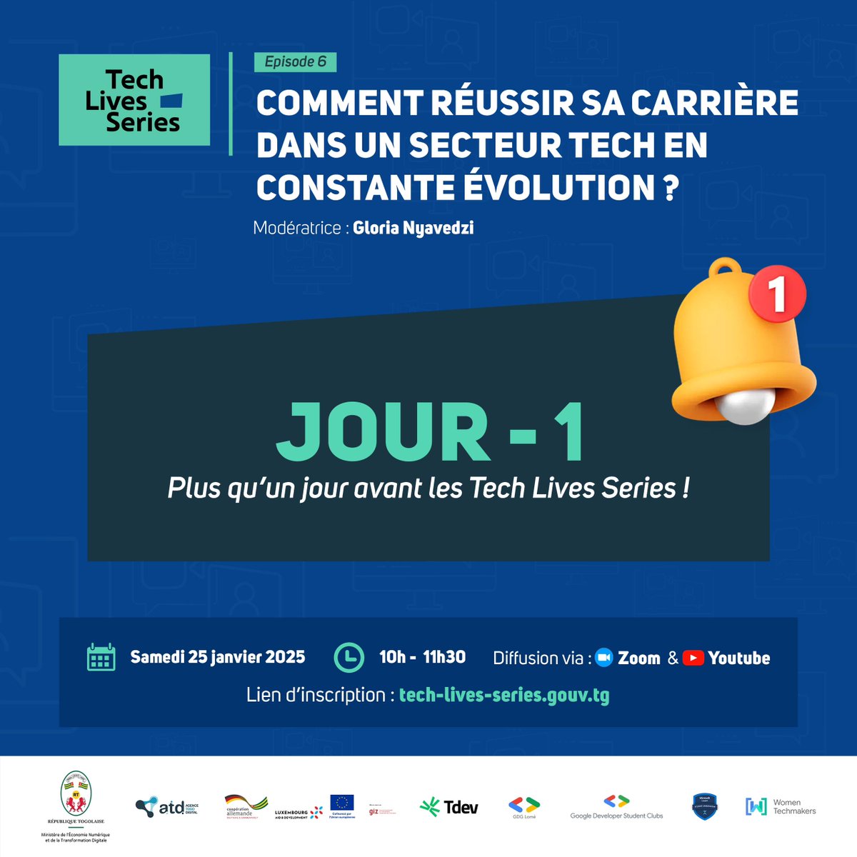 digitalgouvtg's tweet photo. L'épisode 6 des Tech Lives Series, c'est ce 25 janvier 2025 à partir de 10h en ligne !
📅 RDV demain à 10h sur Zoom & YouTube
🔗 Inscrivez-vous vite : https://t.co/56VoQmxP6R
#TechLivesSeries #GIZTogo #BmZ #Unioneuropeenne #LuxDev #ProDigiT #AgenceTogoDigital #ATD #MENTD https://t.co/DVEEJnzKrG