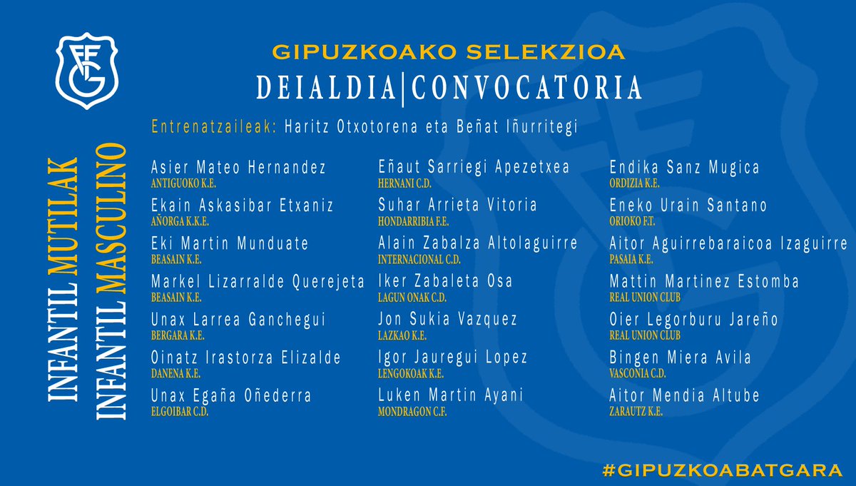 🔵⚪️ 𝐈𝐍𝐅𝐀𝐍𝐓𝐈𝐋 𝐌𝐔𝐓𝐈𝐋𝐄𝐍 𝐆𝐈𝐏𝐔𝐙𝐊𝐎𝐀𝐊𝐎 𝐒𝐄𝐋𝐄𝐊𝐙𝐈𝐎𝐀

Hona hemen Haritz Otxotorena eta Beñat Iñurritegi hautatzaileek deitu dituzten jokalariak.

🔗 lc.cx/pffYNJ

#GipuzkoaBatGara