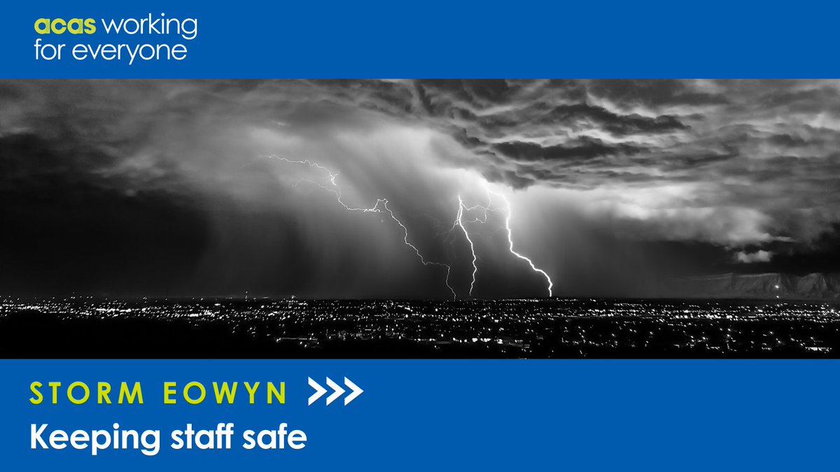 With #StormEowyn affecting many parts of the UK today and into the weekend, it's important to understand how you can keep your employees safe in dangerous weather conditions. 
Read our advice here: acas.org.uk/disruption-get…

#BadWeather #Travel #HealthAndSafety