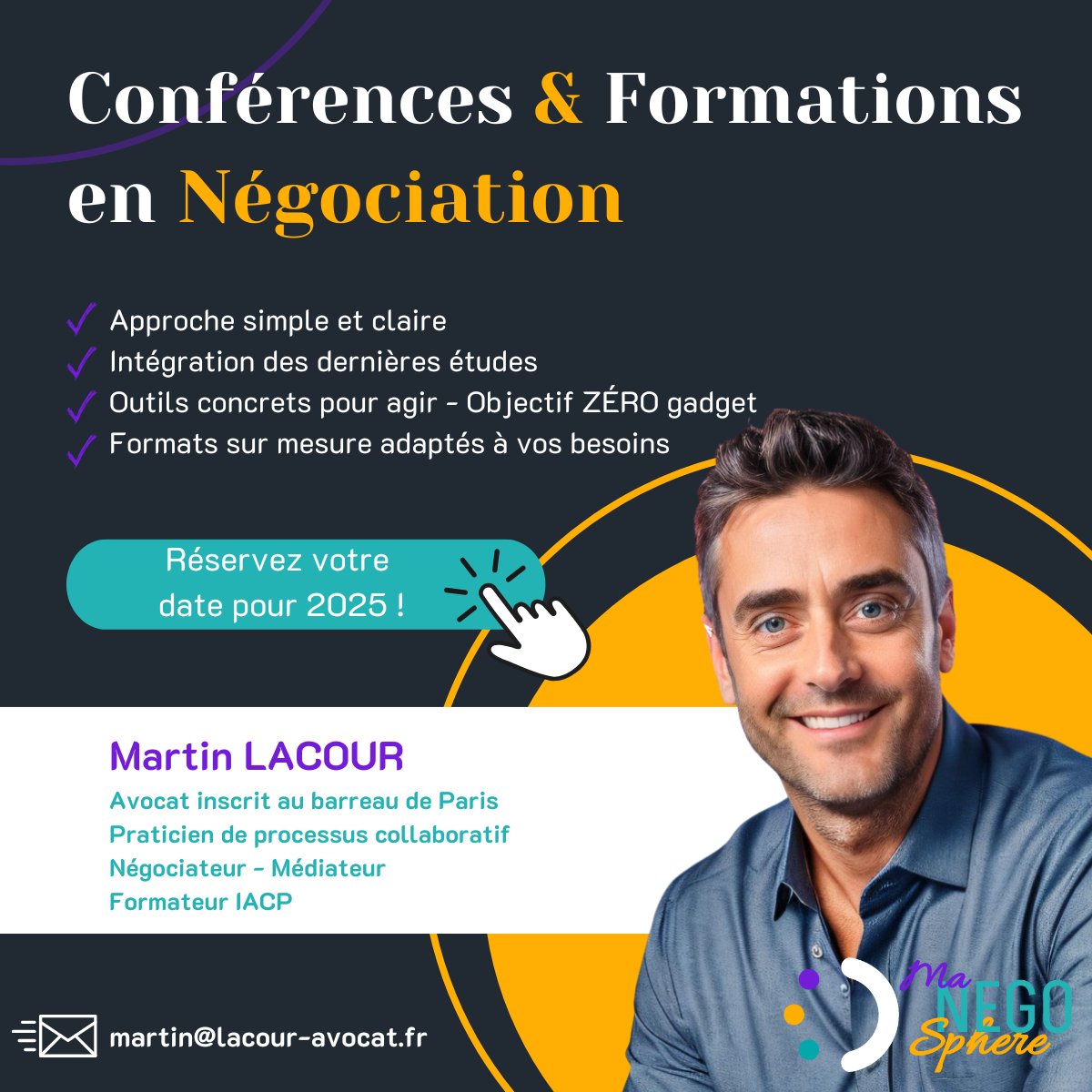 🎯 Conférences &amp; Formations 2025 : Réservez dès maintenant !
Vous cherchez une intervention fondée sur la hashtag#Négociation, à jour des dernières études ?
 
 Je propose des conférences et formations sur mesure, sur des sujets comme:

 🤝 La négociation raisonnée en 2025 : la