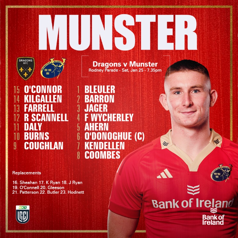 Munsterrugby's tweet photo. 𝗧𝗘𝗔𝗠 𝗡𝗘𝗪𝗦 💥

4⃣ Academy players included
1⃣5⃣ 1st start for full-back Ben O'Connor 
1⃣ Danny Sheahan set for senior debut

We are en route to Wales for a vital #URC clash against @DragonsRFC tomorrow night 🐲

#SUAF 🔴 | #DRAvMUN