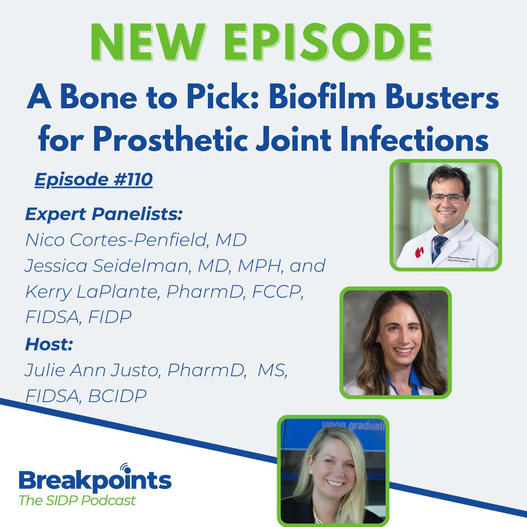 🚨 New <a href="/SIDPharm/">SIDP</a> #Breakpoints Episode! 🎙️

Join Drs. <a href="/Cortes_Penfield/">Nico Cortes-Penfield MD FACP FIDSA 🦴💊</a>, <a href="/JessieLSeidel/">Jessica Seidelman</a>, <a href="/Kerry_LaPlante/">Kerry LaPlante, PharmD, FCCP, FIDSA, FIDP</a>, &amp; me to discuss biofilms in PJIs. 🧫, what the lab tells us about the best drugs 💊, &amp; the innovative non-pharmacological strategies (more than just 🦴 cement!). #IDTwitter
