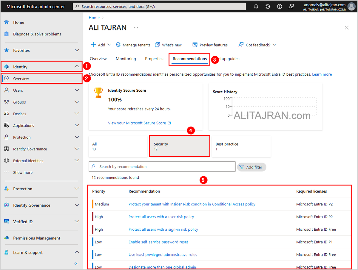 The Identity Secure Score recommendations are now General Availability in Microsoft Entra!

Microsoft Entra recommendations are designed to strengthen your organization's security posture and offer actionable insights to help identify and effectively mitigate risks.

To find your