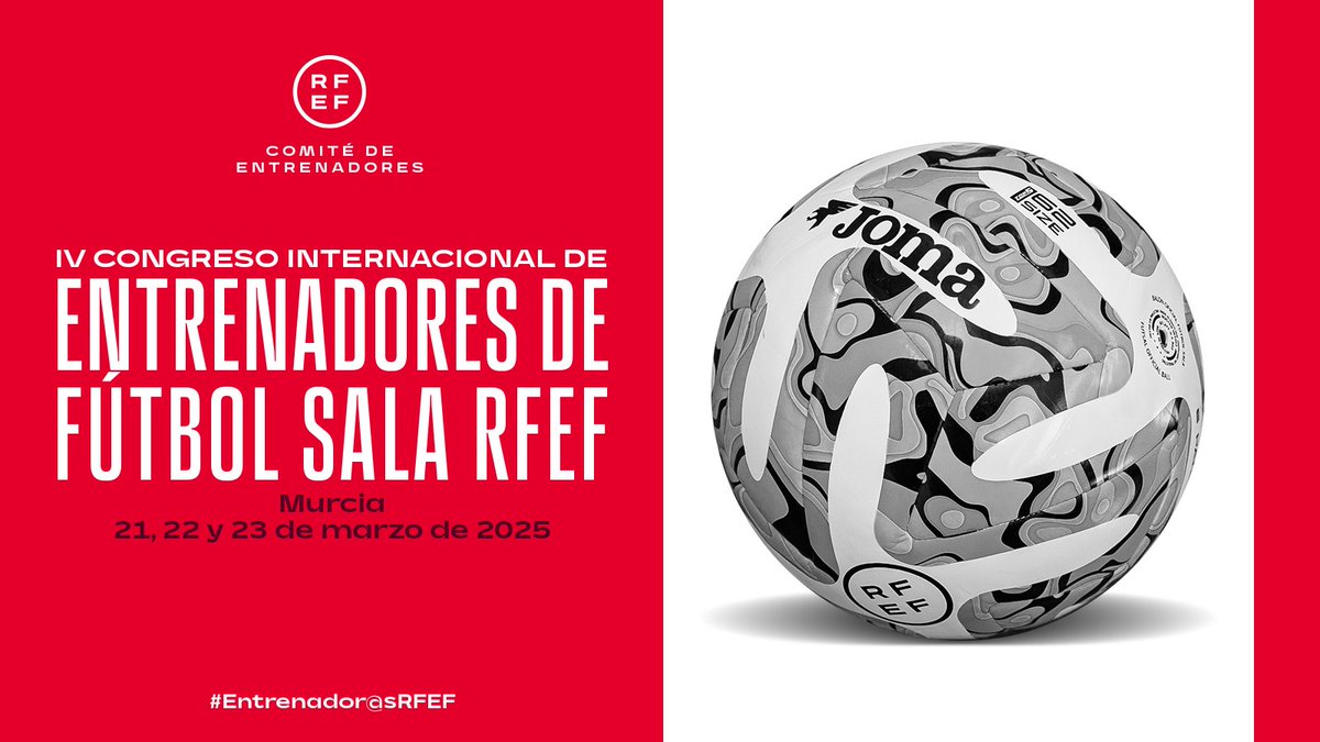 ℹ️ Murcia albergará el ‘𝗜𝗩 𝗖𝗼𝗻𝗴𝗿𝗲𝘀𝗼 𝗜𝗻𝘁𝗲𝗿𝗻𝗮𝗰𝗶𝗼𝗻𝗮𝗹 𝗱𝗲 𝗘𝗻𝘁𝗿𝗲𝗻𝗮𝗱𝗼𝗿𝗲𝘀 𝗱𝗲 𝗙𝘂́𝘁𝗯𝗼𝗹 𝗦𝗮𝗹𝗮’ <a href="/rfef/">RFEF</a>

🙋🏻‍♂️ Entrenadores referentes a nivel mundial
🗓️ Del 21 al 23 de marzo

🔗 bit.ly/Congreso-Sala

#EntrenadorRFEF | <a href="/FutSalRFEF/">Futsal RFEF</a>