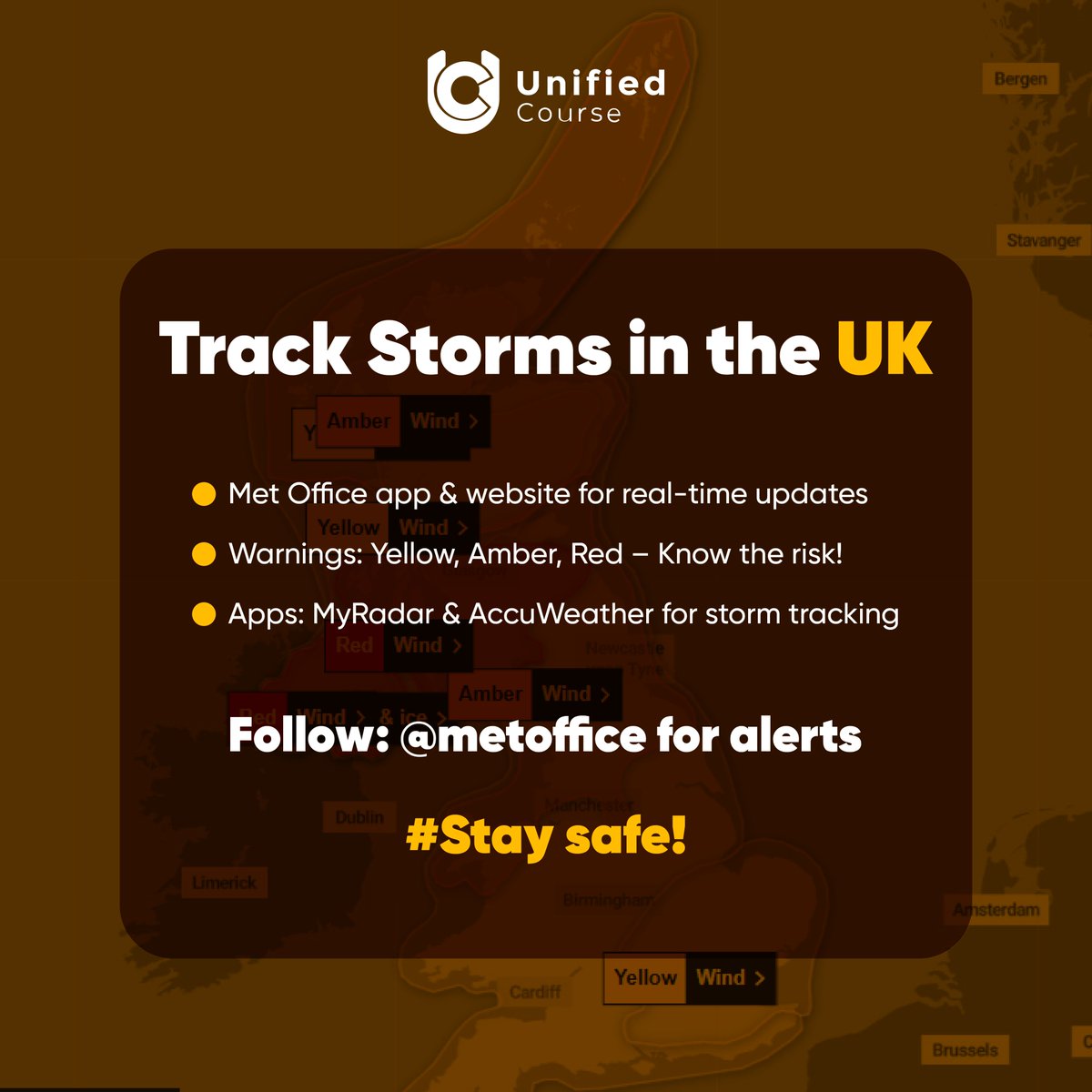UnifiedCourse's tweet image. 🌧️ Track Storms in the UK 

🔹 Met Office app &amp;amp; website for real-time updates
🔹 Warnings: Yellow, Amber, Red—Know the risk!
🔹 Apps: MyRadar &amp;amp; AccuWeather for storm tracking
🔹 Follow: @metoffice for alerts

#StormTracker #StormTracking #UKWeather #StaySafe #storm #StormEowyn