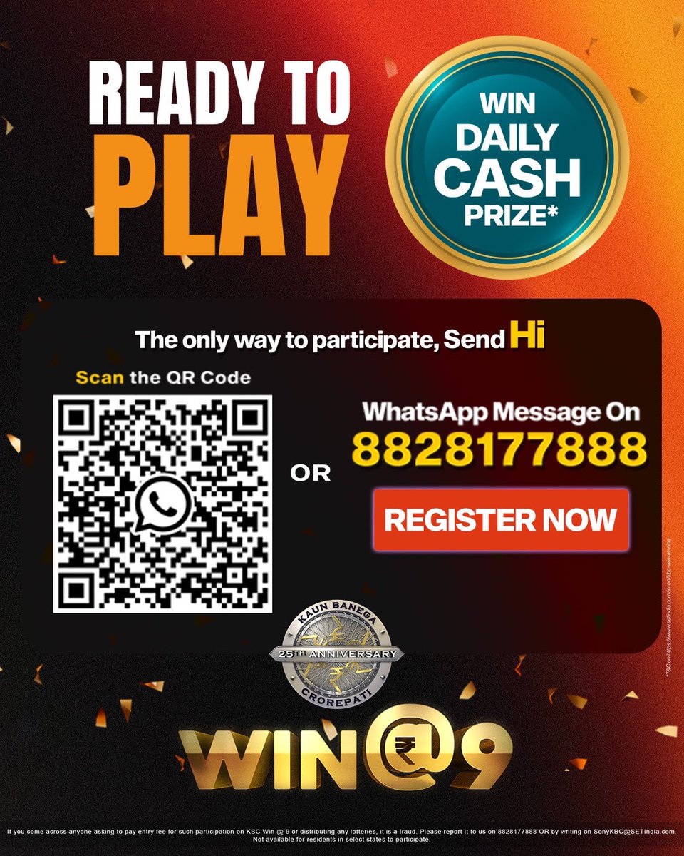 SonyTV's tweet photo. Yehi hai apke daily cash prize jeetne ka mauka ✨
Register for KBC Win @ 9 now!
#KBCOnSony #KBCWin@9 https://t.co/i2s6ZqOPy4