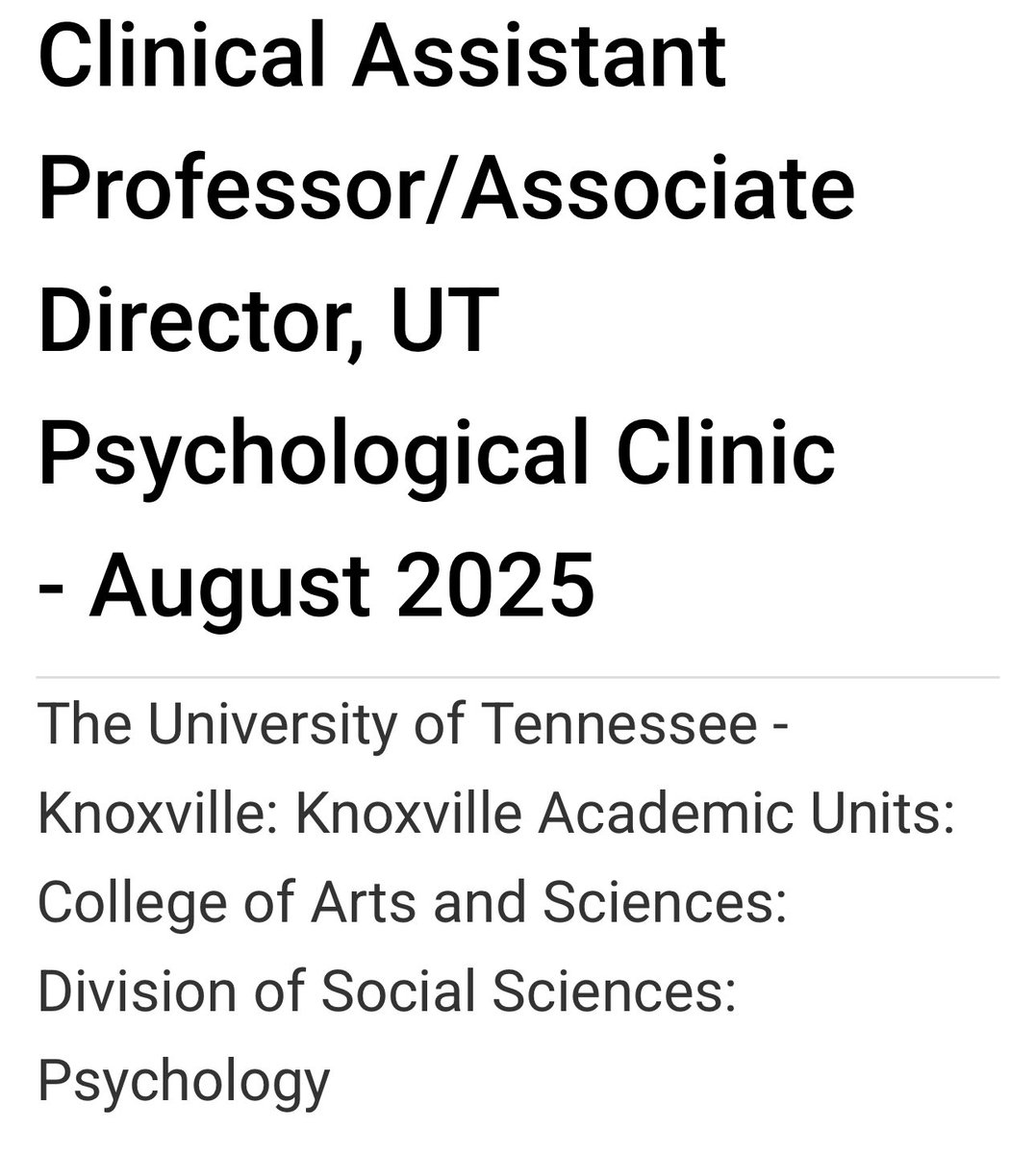 Come be our new colleague! <a href="/UTKnoxville/">UT Knoxville</a> has an amazing psychology department and clinic. We are looking for a new Clinical Assistant Professor / Associate Director for our training clinic. More details through the link below! 

apply.interfolio.com/162006