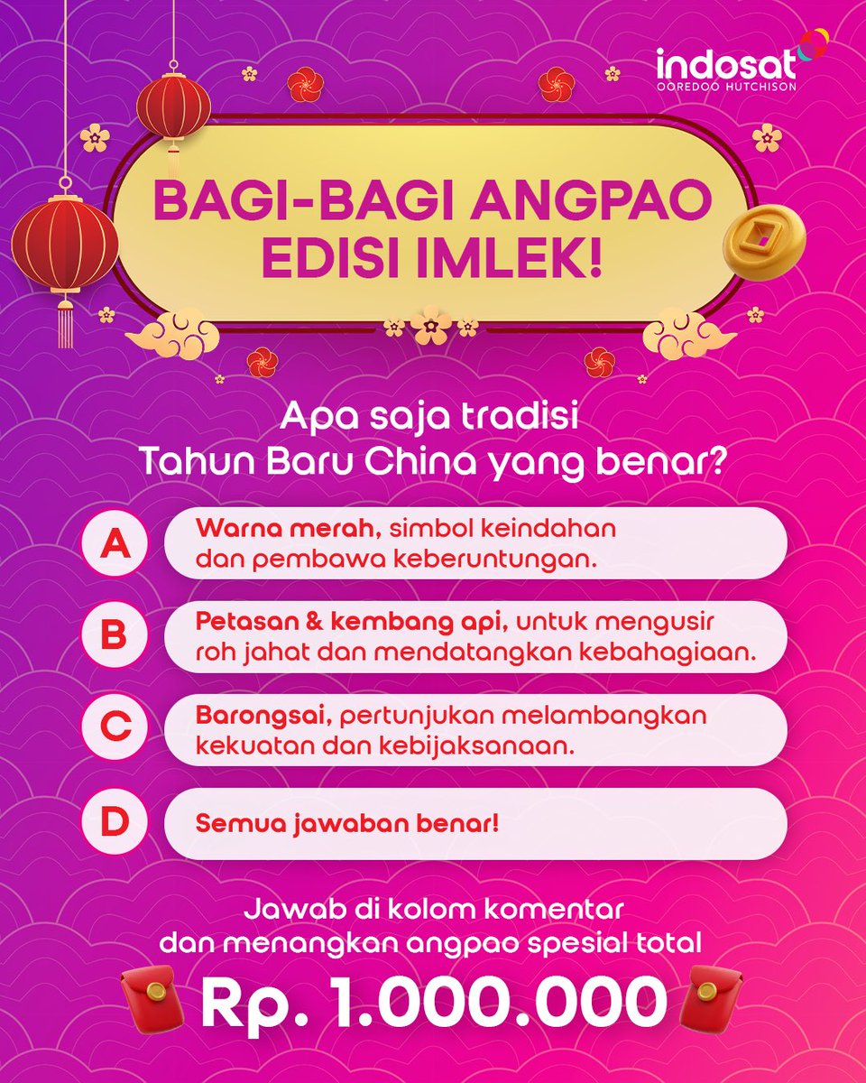 Sambut Tahun Baru Imlek 2025 dengan Angpao dari Indosat! 

Mimin punya kejutan spesial nih! 5 Sahabat Indosat yang beruntung berkesempatan memenangkan total hadiah Rp1 juta!

Cara Ikutannya Gampang Banget:
1. Follow <a href="/indosat/">Indosat Ooredoo Hutchison</a>
2. Jawab pertanyaan dengan benar dan gunakan hashtag