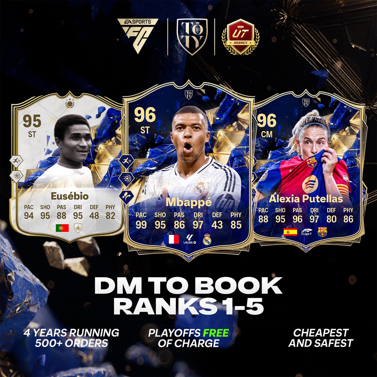 Full TOTY available in packs this weekend! 🔵🌟

Let our pro players play your games for you! 

• Ranks 1-5 🏆
• Xbox &amp; PS 🎮
• 🆓 qualification 
• Cheapest ever prices! 🪙

DM now to book your slots or for any further info ℹ️📨