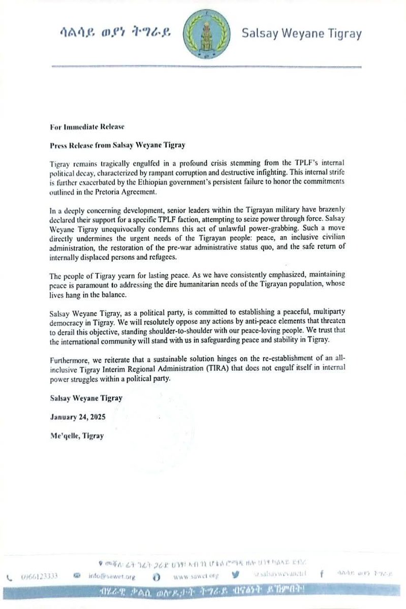 HailuKebede_'s tweet photo. For Immediate Release

Press Release from Salsay Weyane Tigray

Tigray remains tragically engulfed in a profound crisis stemming from the TPLF’s internal political decay, characterized by rampant corruption and destructive infighting. https://t.co/e2pTVczf8t