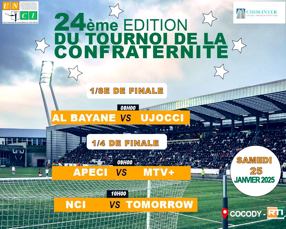 Rendez-vous ce samedi 25 janvier 2025, au stade de la Haute Fréquence de la <a href="/RTIOfficiel/">RTI Officiel</a>. #TournoidelaConfraternité