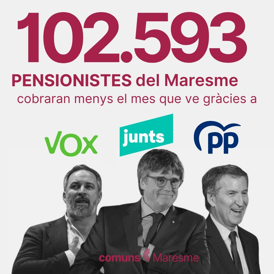 CeCMaresme's tweet photo. 👎 Gràcies a la dreta i extrema dreta 102.593 pensionistes al Maresme cobraran menys a partir del mes que ve.

Junts, PP i VOX han votat en contra de la revalorització de les pensions. https://t.co/rWk0KoHs6i