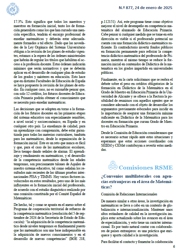 En el boletín de la <a href="/RealSocMatEsp/">RSME</a> se recoge el escrito a la rectora de la <a href="/UA_Universidad/">Universidad de Alicante UA</a> con motivo de la injustificable reducción de 18 a 12 créditos de contenido didáctico-matemático en el grado de Maestro/a en Educación Primaria (¡en una asignatura con peso 17% en LOMLOE!).