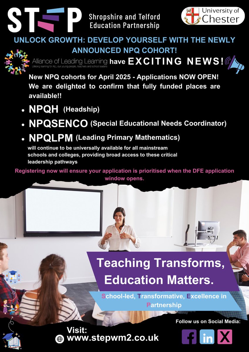 📣 Exciting News from <a href="/ALLearning1/">ALL</a> 
 
We are delighted to confirm that fully funded places for NPQ's 
❗️Register Now❗️
Applications for April 2025 are now open!
The full DFE application window will open in February, with limited places. 
<a href="/LLSEteacherPD/">LLSE</a> <a href="/bestpracticenet/">BestPracticeNetwork</a>