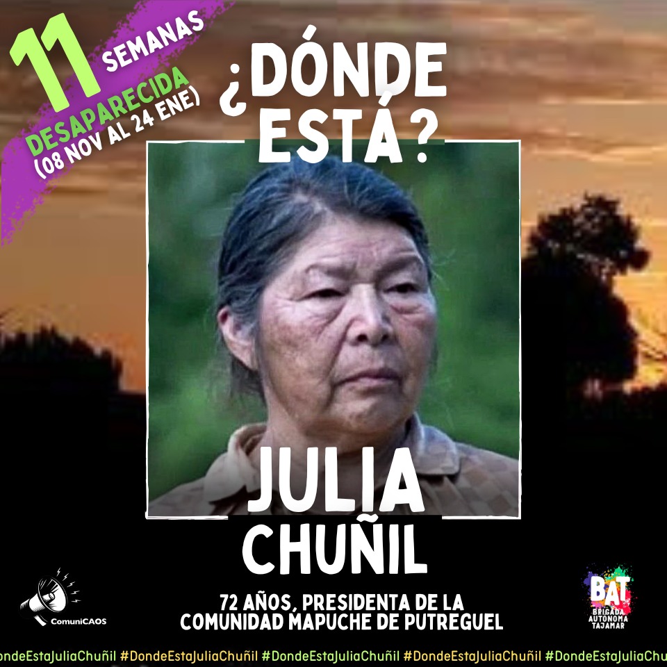 casa_memoria's tweet photo. 📢 EXIGIMOS SABER ¿Dónde está Julia Chuñil Catricura?. 📌11 semanas Desaparecida📢

#dondeestajuliachuñil
#juliachuñil
#defensoradelatierra
#defensoradeddhh
#dondeesta https://t.co/fEAHJgpOwB