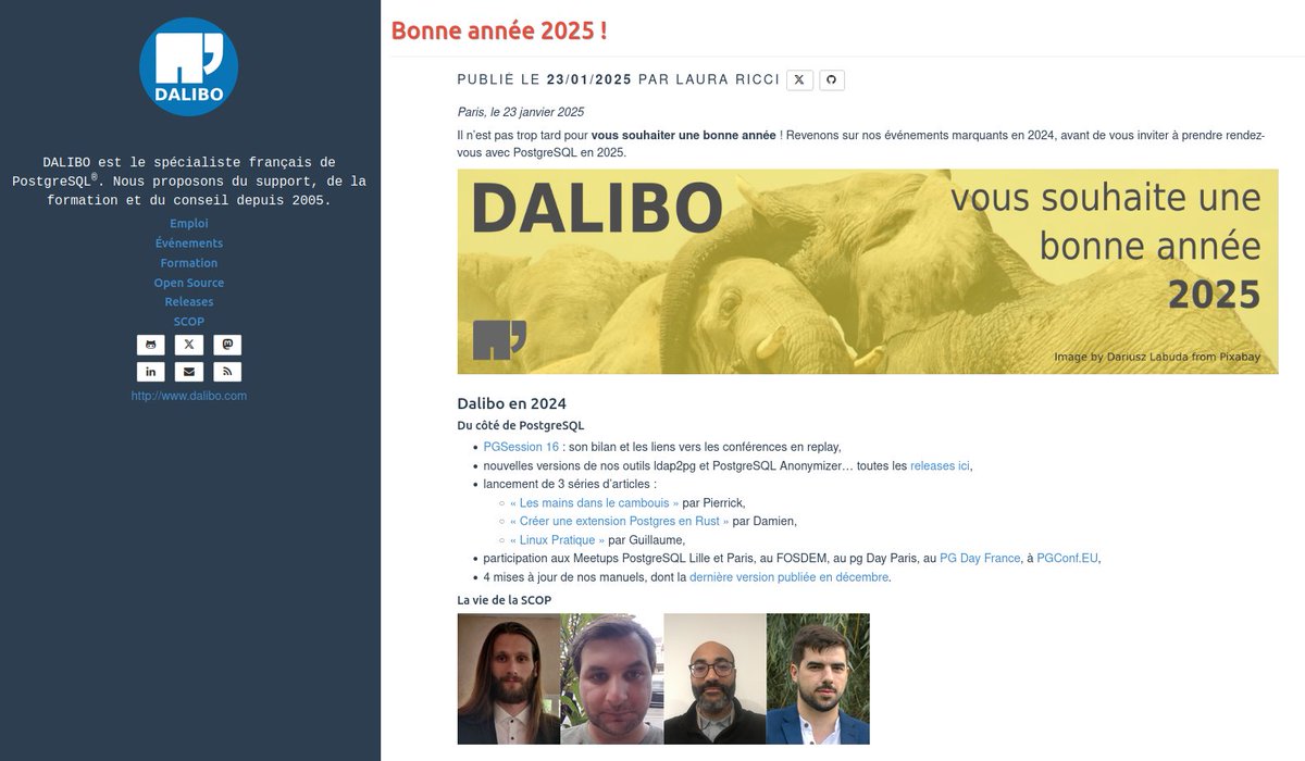 dalibo's tweet image. Après un coup d’œil dans le rétro de 2024, vos rendez-vous avec #PostgreSQL en 2025 🐘
=> dali.bo/202501_voeux
#PostgreSQL17 #DBA #SGBD
#opensource #pgday
#formation #workshop