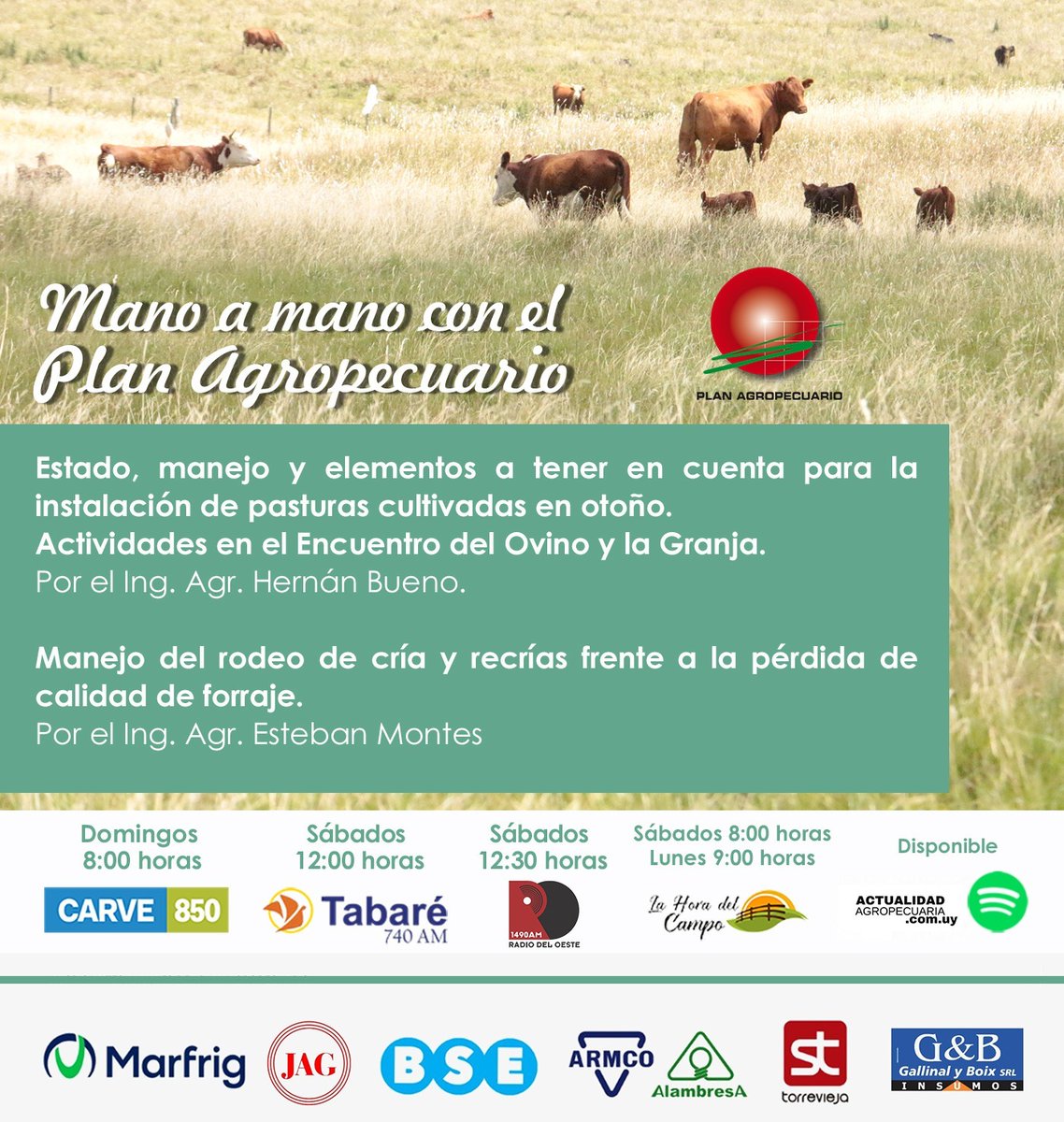 📻 Mano a Mano con el Plan Agropecuario

¡Este fin de semana! 👇
✔️Estado, manejo y elementos a tener en cuenta #Instalación #PasturasCultivadas
✔️Actividades Encuentro <a href="/del_ovino/">Encuentro del Ovino y la Granja</a> y la Granja
🎙️<a href="/HernanBuenoL/">Hernán Bueno Larroque</a>

✔️Rodeo de #cría #recrías #forraje
🎙️<a href="/Esteban99809584/">Esteban Montes</a>

¡Te esperamos!