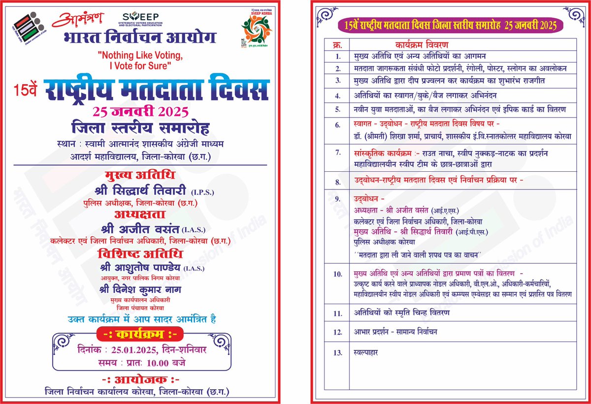GOVT. E. V. P. G. COLLEGE KORBA (Richa Swarnkar) (@swarnkar_richa) on Twitter photo #national_voters_day рдЖрдк рд╕рднреА рд╕рд╛рджрд░ рдЖрдордВрддреНрд░рд┐рдд рд╣реИрдВ ЁЯЩП <a href="/_NSSIndia/">NSS India</a> <a href="/mybharatgov/">Mera Yuva Bharat - MY Bharat</a> <a href="/ashokshrotinss/">Dr Ashok Shroti</a> <a href="/PMOIndia/">PMO India</a> <a href="/NSSRDBhopal/">NSS Regional Dte. MP & CG</a> <a href="/Rajkumarnss/">рд░рд╛рдЬрдХреБрдорд╛рд░ рд╡рд░реНрдорд╛ Rajkumar verma</a> <a href="/CEOChhattisgarh/">Chief Electoral Officer, Chhattisgarh</a> <a href="/ECISVEEP/">Election Commission of India</a> <a href="/NssChhattisgarh/">NSS CHHATTISGARH</a> <a href="/nssabvuCG/">NSS Atal Bihari Vajpayee Vishvavidhyalaya</a> <a href="/NeetaBajpai5/">Neeta Bajpai</a> <a href="/manojsinha812/">Manoj Sinha</a> <a href="/KorbaDist/">Korba</a> <a href="/YKTiwari68/">Y. K. Tiwari</a> <a href="/Ajaykpatel04/">Ajay Kumar Patel</a> #national_voters_day рдЖрдк рд╕рднреА рд╕рд╛рджрд░ рдЖрдордВрддреНрд░рд┐рдд рд╣реИрдВ ЁЯЩП <a href="/_NSSIndia/">NSS India</a> <a href="/mybharatgov/">Mera Yuva Bharat - MY Bharat</a> <a href="/ashokshrotinss/">Dr Ashok Shroti</a> <a href="/PMOIndia/">PMO India</a> <a href="/NSSRDBhopal/">NSS Regional Dte. MP & CG</a> <a href="/Rajkumarnss/">рд░рд╛рдЬрдХреБрдорд╛рд░ рд╡рд░реНрдорд╛ Rajkumar verma</a> <a href="/CEOChhattisgarh/">Chief Electoral Officer, Chhattisgarh</a> <a href="/ECISVEEP/">Election Commission of India</a> <a href="/NssChhattisgarh/">NSS CHHATTISGARH</a> <a href="/nssabvuCG/">NSS Atal Bihari Vajpayee Vishvavidhyalaya</a> <a href="/NeetaBajpai5/">Neeta Bajpai</a> <a href="/manojsinha812/">Manoj Sinha</a> <a href="/KorbaDist/">Korba</a> <a href="/YKTiwari68/">Y. K. Tiwari</a> <a href="/Ajaykpatel04/">Ajay Kumar Patel</a>