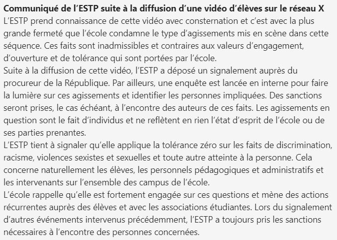 Un message viral, mettant en cause l’ESTP, se diffuse depuis ce matin. Il y est question de bizutage et de racisme. L’école condamne fermement le type d’agissements mis en scène dans cette séquence Voici la réponse officielle de l’ESTP.