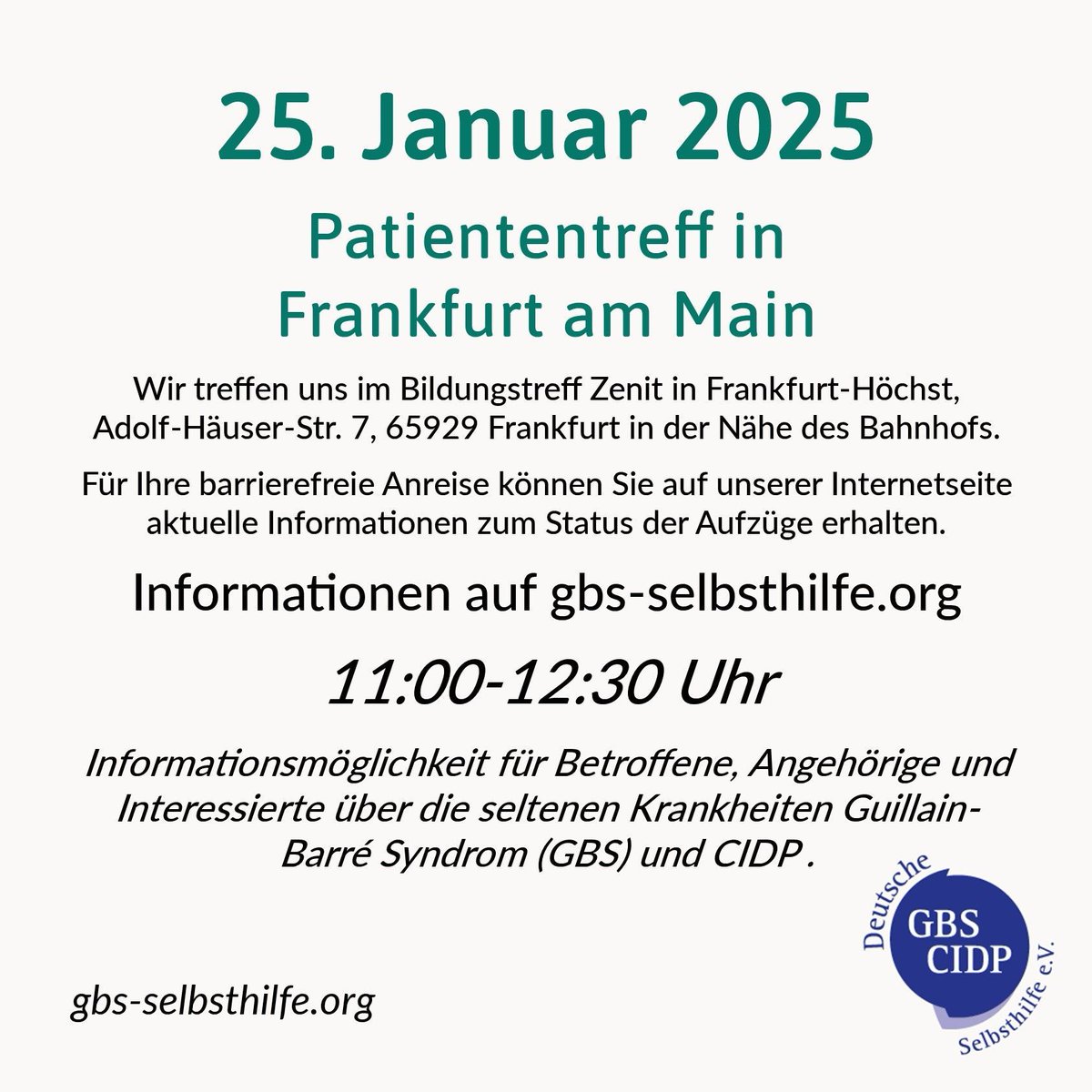 cidp_gbs's tweet photo. Die GBS CIDP Selbsthilfe e.V. lädt alle Betroffenen, Angehörigen und Interessierten nach Frankfurt am Main ein.

https://t.co/BEHUL711Y7

#GBS #CIDP #Selbsthilfe #Rehabilitation #Neurologie #Nervenschmerzen #Polyneuropathie #Autoimmunerkrankung #SelteneErkrankung #Pflege #Medizin https://t.co/RUK5v460hr
