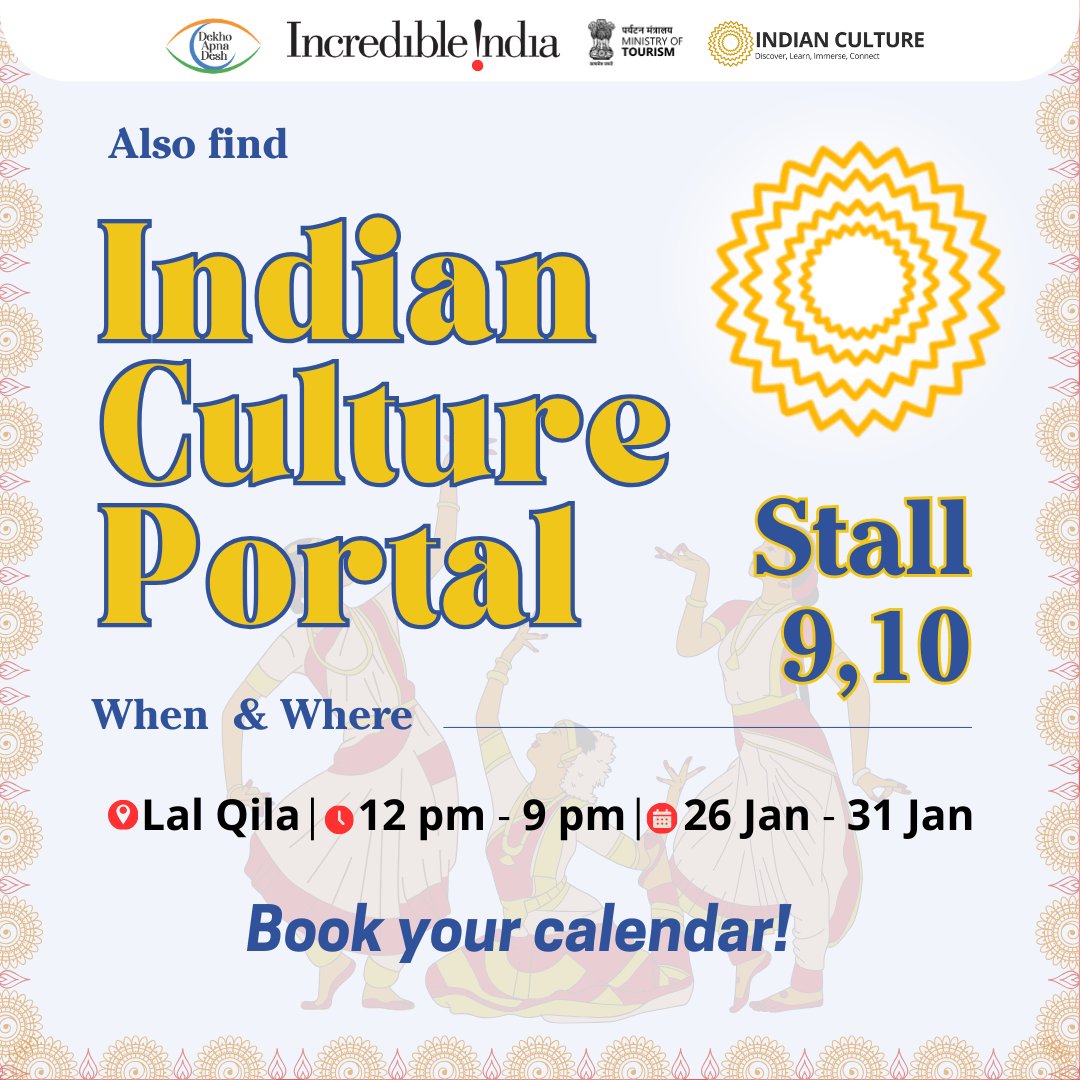 _IndianCulture's tweet photo. Come and experience the vibrant celebrations of the Bharat Parv at the Red Fort lawns, Delhi, from 26 to 31 January, 2025.
#bharatparv #bharatparv2025 #indiancultureportal #redfortevent #redfort #republicdayevent #republicday #indianculture #dekhoapnadesh #incredibleindia https://t.co/AbGzzPfGrg