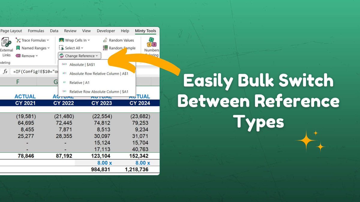 mintyanalyst's tweet photo. 🔍 Changing range references in Excel used to be a pain, but my add-in Minty Tools makes it super easy. You can control cell references and avoid errors. At least, it’s been really helpful for me. 💪🎯 #FormulaPrecision
🍃Check it out here: https://t.co/XGn2Yr9YQf https://t.co/BWf0VEThKr