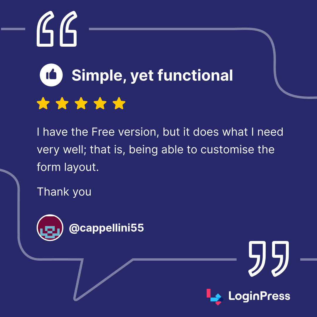 wpbrigade's tweet image. ⭐⭐⭐⭐⭐ Simple, yet functional.

"LoginPress free version makes customizing your WordPress login page easy" 

Try the free version today: bit.ly/4gcrJaE 

User Review: bit.ly/3PQanpE 

#WordPress #LoginPress #CustomLogin #LoginCustomizer