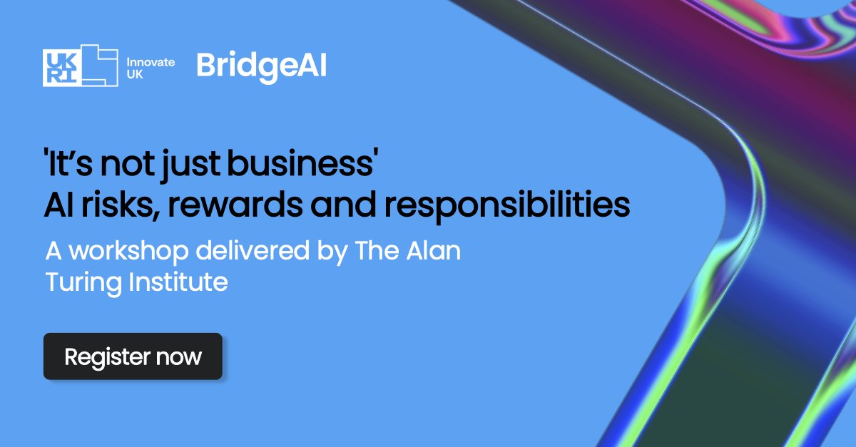 Innovate UK Business Connect (@iuk_connect) on Twitter photo 📢 Join <a href="/innovateuk/">Innovate UK</a> #BridgeAI online on 13 Feb for “It’s not just business - AI risks, rewards and responsibilities” delivered by <a href="/turinginst/">The Alan Turing Institute</a>.
Open to SME professionals, keen to work with new tools to design, develop, and deploy AI responsibly.
Register: ow.ly/LhCy50ULG5w 📢 Join <a href="/innovateuk/">Innovate UK</a> #BridgeAI online on 13 Feb for “It’s not just business - AI risks, rewards and responsibilities” delivered by <a href="/turinginst/">The Alan Turing Institute</a>.
Open to SME professionals, keen to work with new tools to design, develop, and deploy AI responsibly.
Register: ow.ly/LhCy50ULG5w