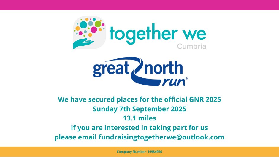 We are excited to announce that we have places for this years Great North Run!

Please contact us for more details: fundraisingtogetherwe@outlook.com 

🏃 🏃  ❤️🏃 🏃