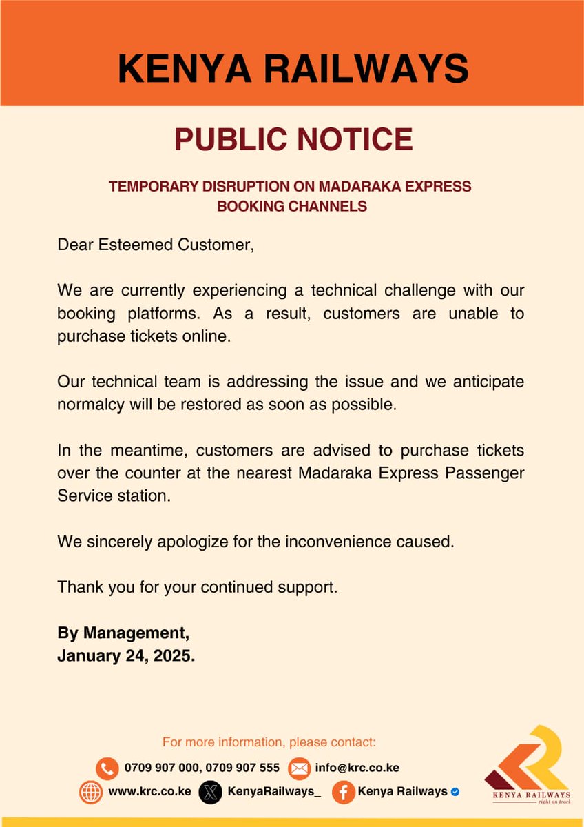 Temporary disruption on Madaraka Express online booking channels. #SGRtickets