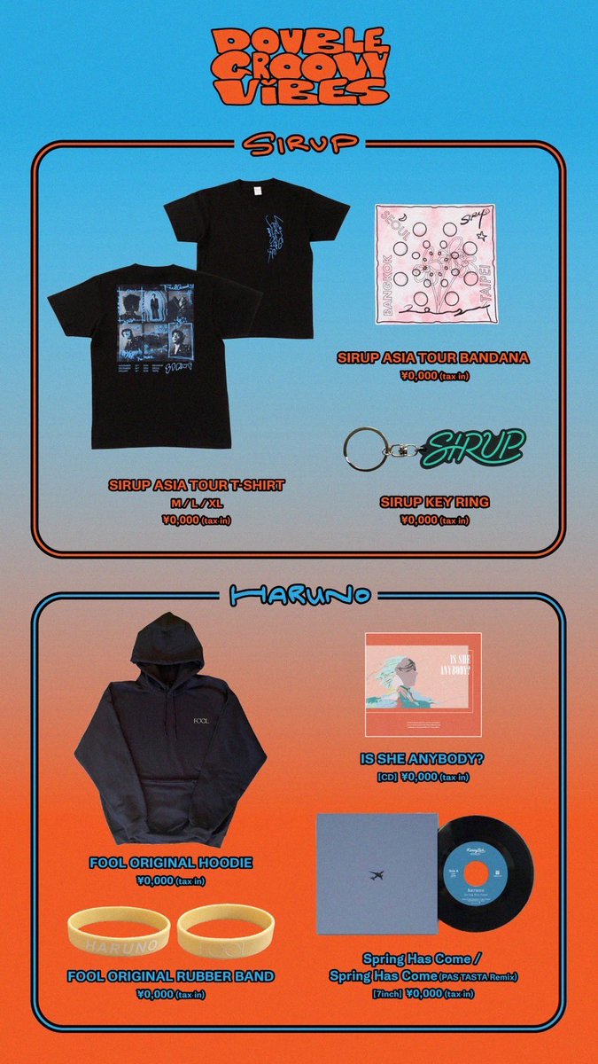 Harunoupdates's tweet image. announcement

SIRUP×春野「Double Groovy Vibes」で会場販売したオフィシャルグッズのEC販売をいたします！(FOOLパーカーと、FOOLラバーバンド)

🗓️期間
1/24(fri.)21:00〜

🔗 詳細
haruno.buyshop.jp
※売り切れ次第終了