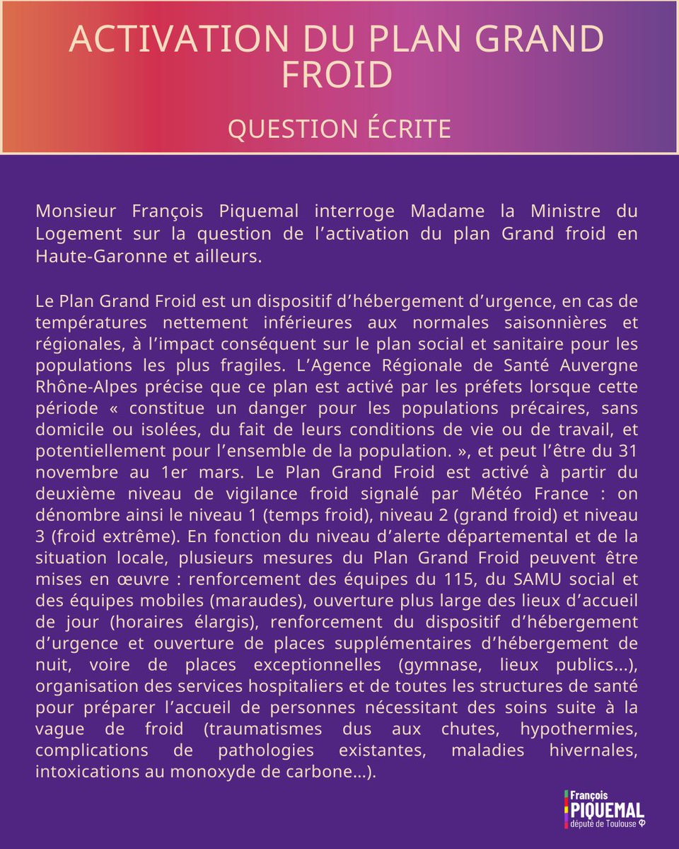 FraPiquemal's tweet photo. ✍️ Activation du plan grand froid en Haute-Garonne et ailleurs : j’écris au gouvernement ! 🥶

L’année 2023 a tristement enregistré un record de 826 décès de personnes vivant à la rue, portant à plus de 4 352 le nombre de victimes depuis 2017. Quelles mesures seront prises par le gouvernement ? 

1/2