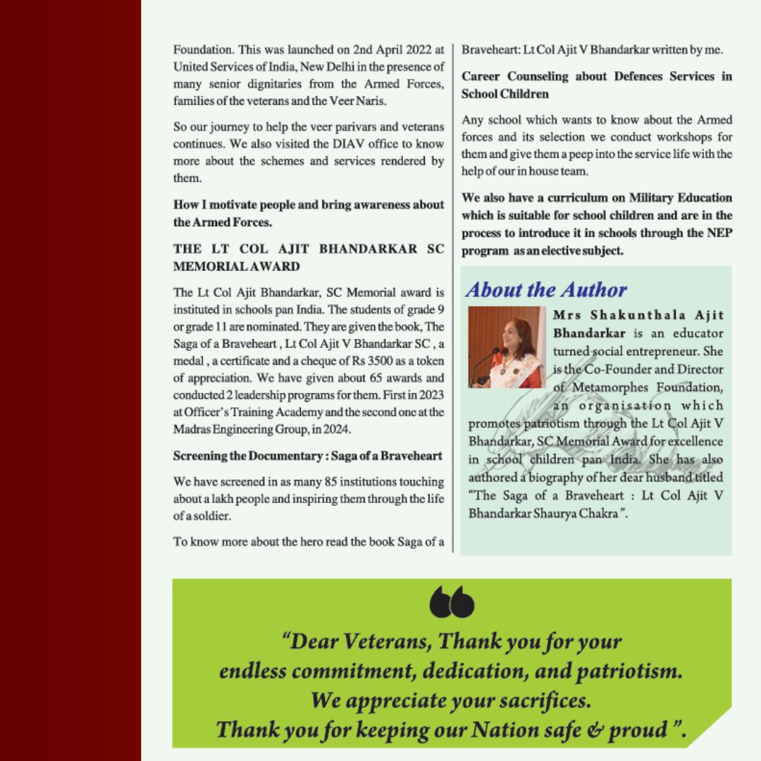 ShakunthalaBha1's tweet photo. Deeply honored to have my story, 'Shaku - Ek Sadharan Se Veer Nari Tak,' featured in Samman 2025. This recognition of our work with Metamorphes Foundation and the stories of our armed forces community is truly humbling. Thank you, Samman 2025. #samman2025 #veernari #armedforces https://t.co/VypTZLqpfP