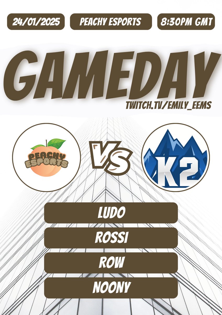 🚨GAME DAY🚨

Peachy eSports vs K2 Lost Marys!🔥

⭐️ @XP_Europe
🕜 8:30PM GMT 
🎥 twitch.tv/emily_eems  <a href="/Emily_eems/">emily_eems</a>

🍑 <a href="/LudoUK_/">Ludo</a>
🍑 <a href="/MatthewRossi536/">Rossi</a>
🍑 <a href="/Row27_/">Row</a>
🍑 <a href="/_Noony_R/">yog</a>