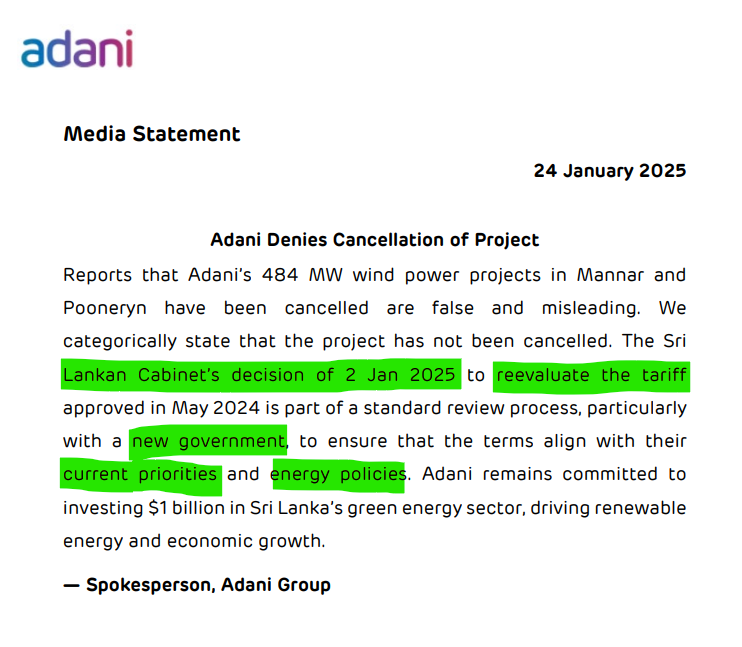 . <a href="/gautam_adani/">Gautam Adani</a> 's firm confirms Sri Lanka revoked their controversial power purchase agreement with the Sri Lankan government. But, insists the project is not cancelled and fresh negotiations with the new government of <a href="/anuradisanayake/">Anura Kumara Dissanayake</a>