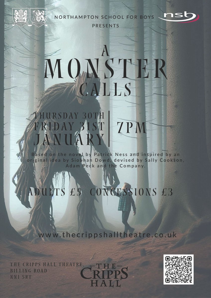 Tickets available for KS3 performance of 'A Monster Calls'.  Performances on Thursday 30th January and Friday 31st January at 7pm. 
Tickets from just £3. It will be a beautiful, sensitive performance for what can be a very challenging topic. ticketsource.co.uk/cripps-hall/e-…