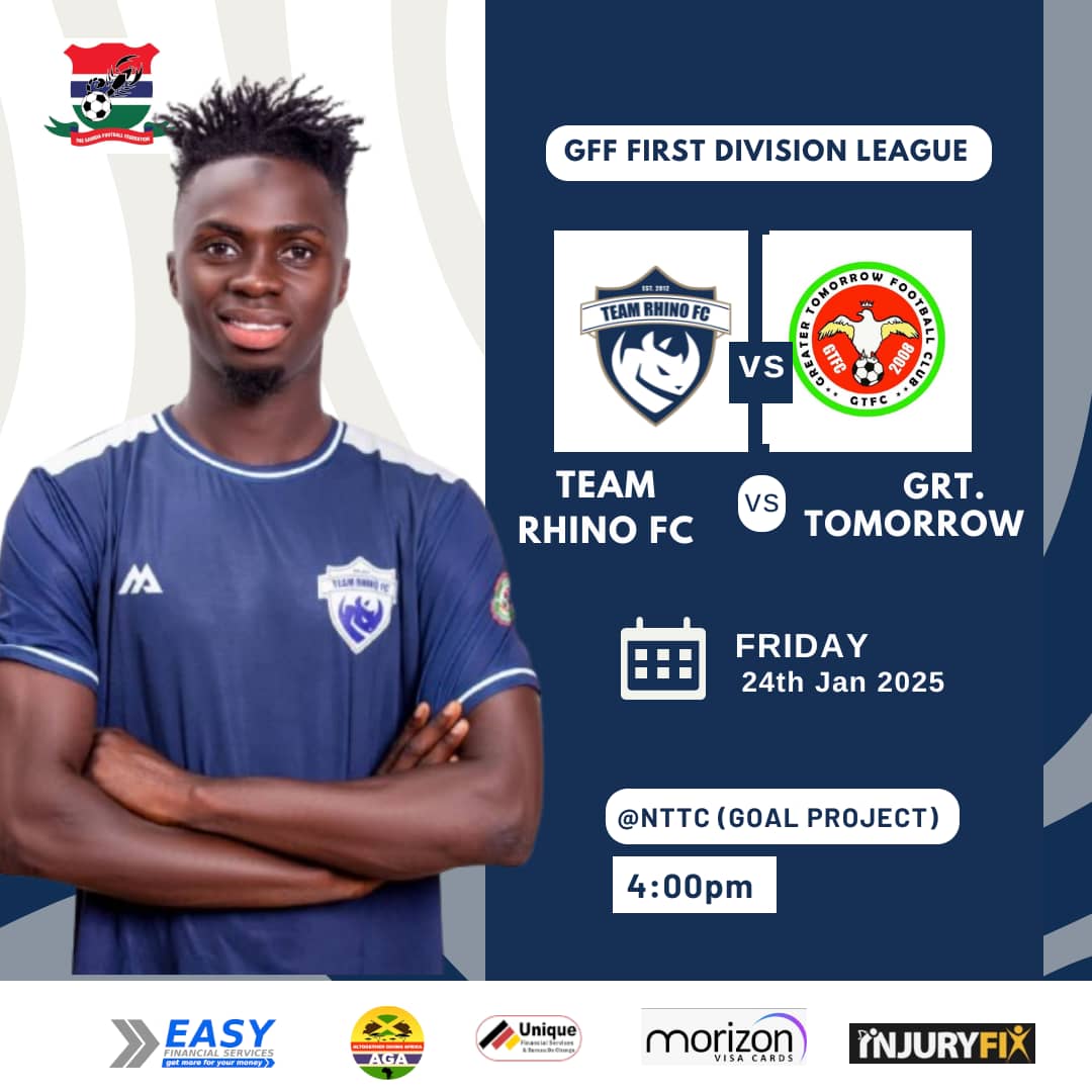 ⚽️ 𝐈𝐓'𝐒 𝗠𝗔𝗧𝗖𝗛𝐃𝐀𝐘!

Week 8 of the GFF 2024/25 First Division League sees us face Greater Tomorrow FC this afternoon.

🆚 Greater Tomorrow FC
📍 NTTC (Goal Project)
🗓️ Friday, 24th Jan 2025
🕓 4:00 PM

Join us and let’s fight for the win together!

#TRFC_GRT | #TeamRhino