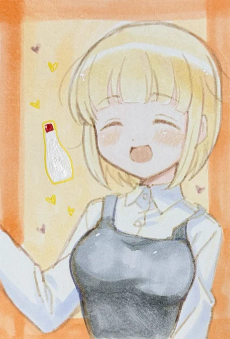 809日目のアナログイラストはドカ食いダイスキ!もちづきさんの望月美琴ちゃんです。コラボカフェグッズにもなってる黒エプロン店員さんスタイルが大好き過ぎて描きました! 