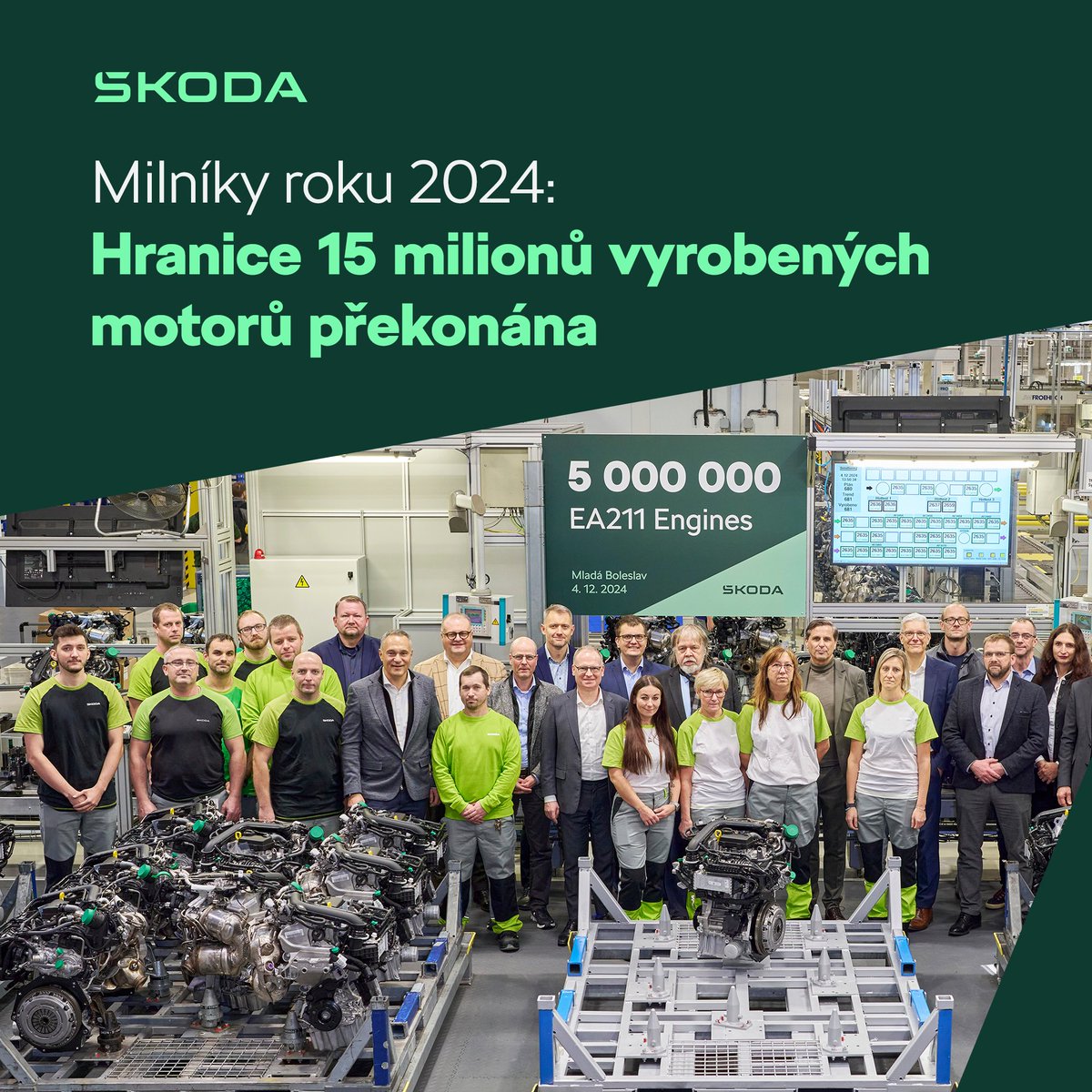 Milníky roku 2024 ve Škoda Auto 3/4
V roce 1899 začala Škoda v Mladé Boleslavi vyrábět motory. V roce 2024 jsme oslavili 15 milionů pohonných jednotek vyrobených ve středočeském městě, třetinu z nich tvoří řada EA211. O dalších milnících  se dočtete tady: bit.ly/Milniky2024