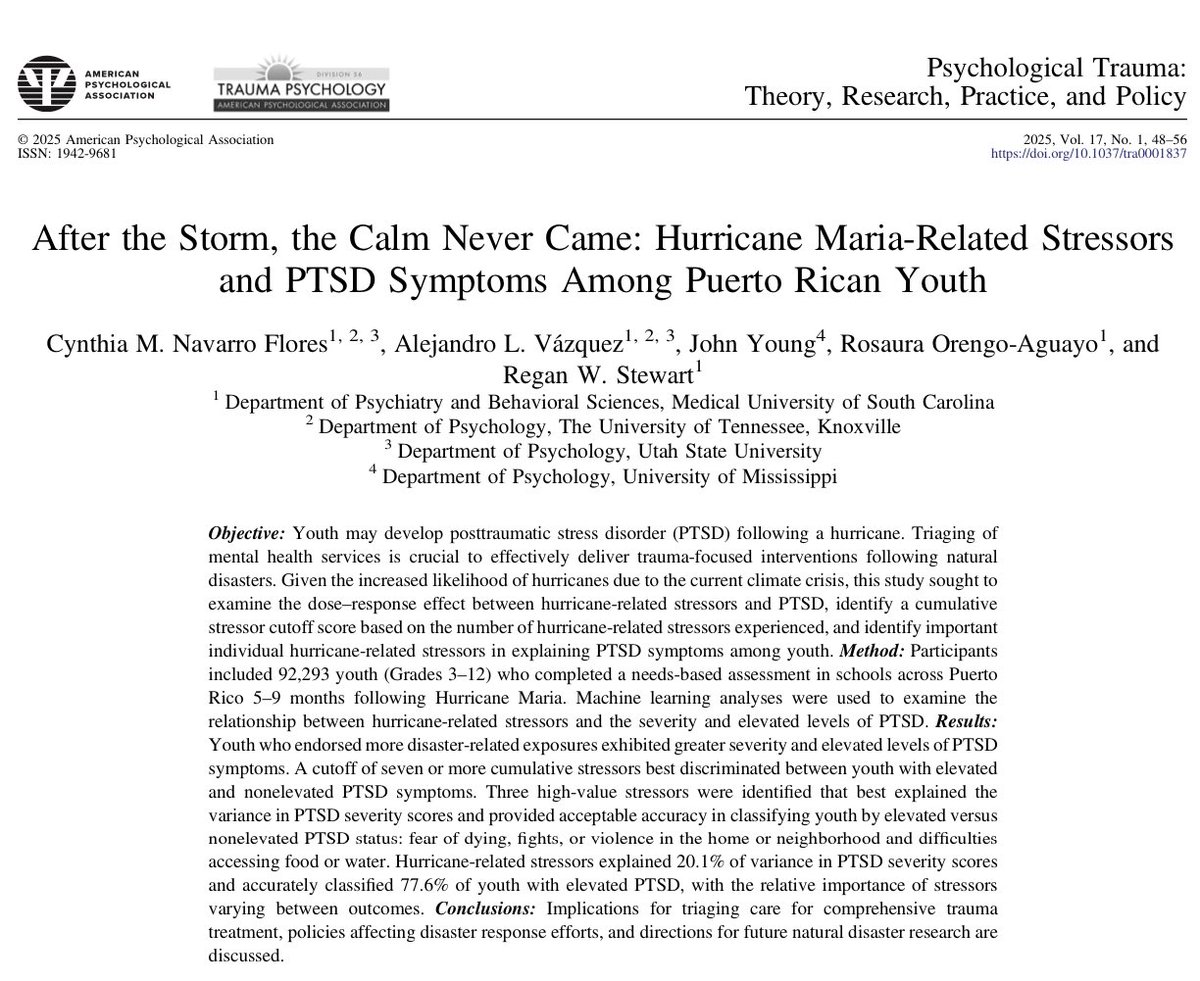 Cynthia M. Navarro Flores, PhD (she/her/hers/ella) (@cmnavarroflores) on Twitter photo 🚨New pub🚨
Our study identified specific hurricane related stressors and a cumulative score (>=7) associated with PTSD symptoms among youths.
Thanks to <a href="/ALVazquezPhD/">Alejandro L. Vázquez, PhD</a> for his support! Grateful to mentors <a href="/RosauraOrengo/">Rosaura Orengo-Aguayo,PhD</a> <a href="/ReganStewart/">Regan Stewart</a> John Young!
psycnet.apa.org/doi/10.1037/tr… 🚨New pub🚨
Our study identified specific hurricane related stressors and a cumulative score (>=7) associated with PTSD symptoms among youths.
Thanks to <a href="/ALVazquezPhD/">Alejandro L. Vázquez, PhD</a> for his support! Grateful to mentors <a href="/RosauraOrengo/">Rosaura Orengo-Aguayo,PhD</a> <a href="/ReganStewart/">Regan Stewart</a> John Young!
psycnet.apa.org/doi/10.1037/tr…