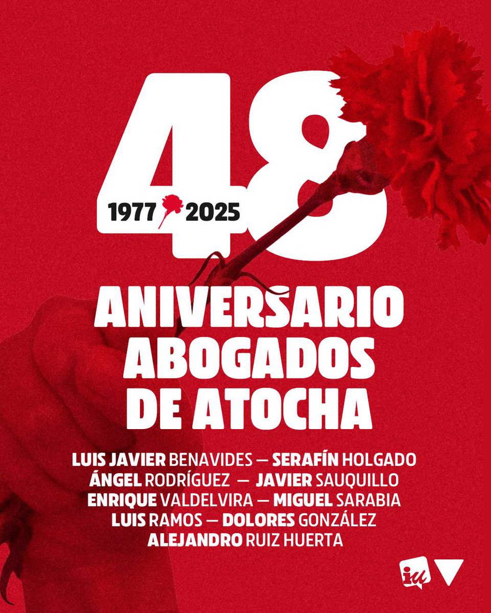 Hoy recordamos a los abogados de Atocha, víctimas del fascismo y defensores de la justicia social y la libertad. 

48 años después, su lucha sigue viva🌹