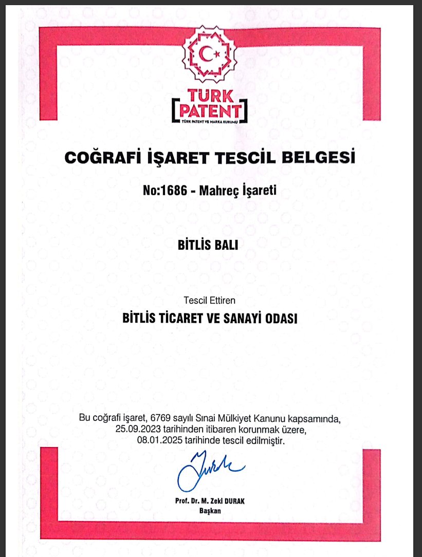Bitlis Balı Coğrafi İşaret Tescil Belgesini Bitlis Ticaret ve Sanayi Odası adına Tescil edilmiştir. <a href="/TURKPATENT/">Türk Patent ve Marka Kurumu</a>