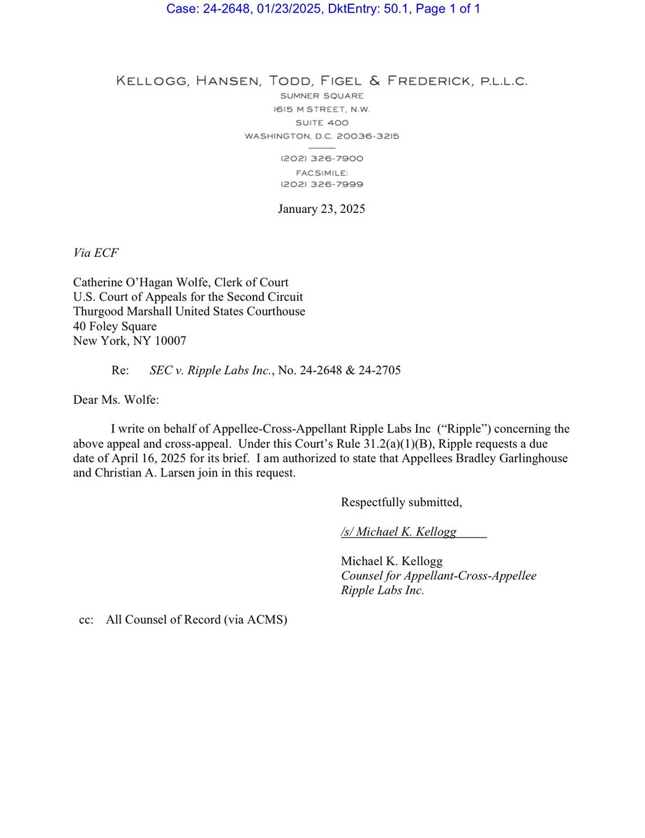 XRPCommunity #SECGov v. #Ripple #XRP @Ripple @Ripple requests a due date of  April 16, 2025 for its brief.