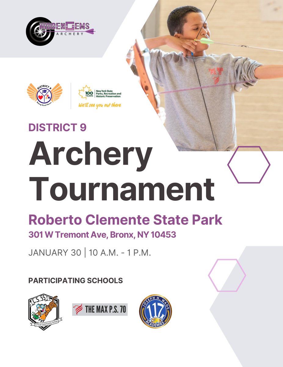 Hidden Gems Archery (@gemsarchery) on Twitter photo 🏹 We are excited for the first-ever District 9 Archery Tournament!
Students will showcase their skills on Jan. 30, 10 A.M.–1 P.M., at Roberto Clemente State Park. Stay tuned for pics and highlights!
<a href="/NYCSchools/">NYC Public Schools</a> <a href="/NYCMayor/">Mayor Eric Adams</a> #archeryinschools #YouthEmpowerment 🏹 We are excited for the first-ever District 9 Archery Tournament!
Students will showcase their skills on Jan. 30, 10 A.M.–1 P.M., at Roberto Clemente State Park. Stay tuned for pics and highlights!
<a href="/NYCSchools/">NYC Public Schools</a> <a href="/NYCMayor/">Mayor Eric Adams</a> #archeryinschools #YouthEmpowerment
