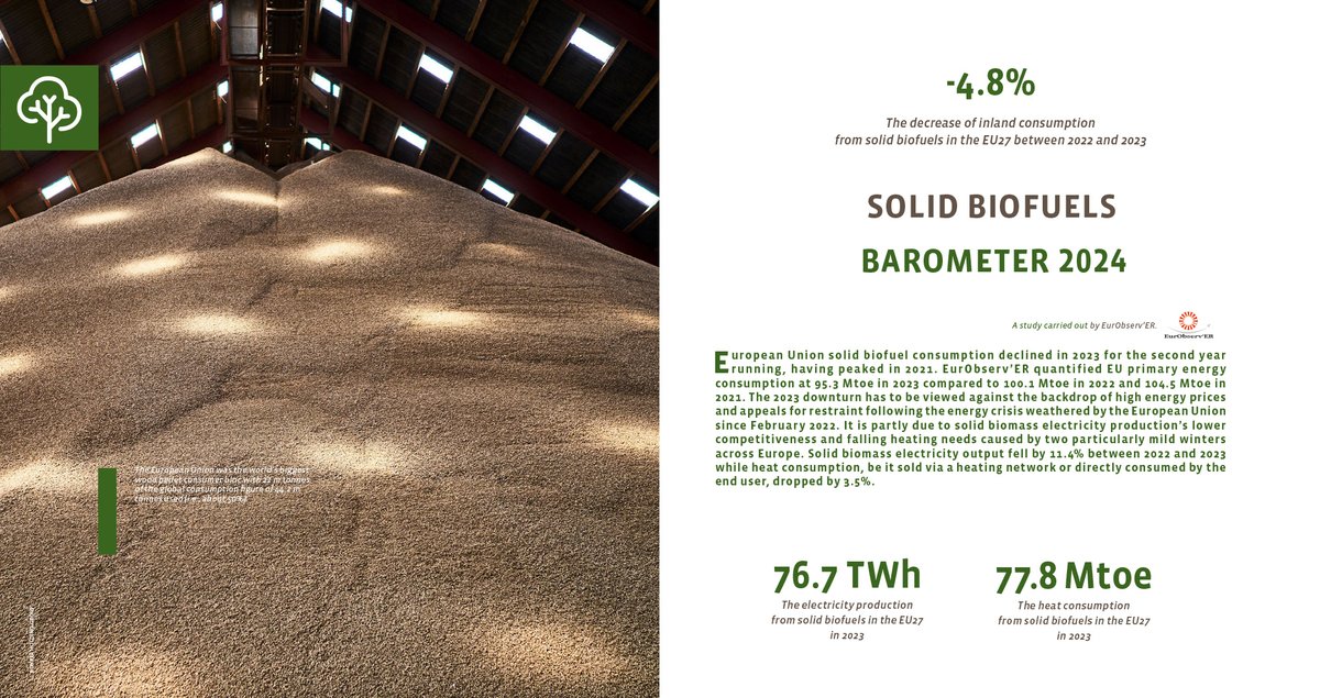 📷 What’s driving the shift?
Solid biofuel consumption in the EU27 fell by -4.8% in 2023, marking the 2nd consecutive year of decline. Discover the facts in the latest EurObserv'ER report. 
📷 Download: bit.ly/40bh9Lg
#renewableenergy #biofuels #energytrends