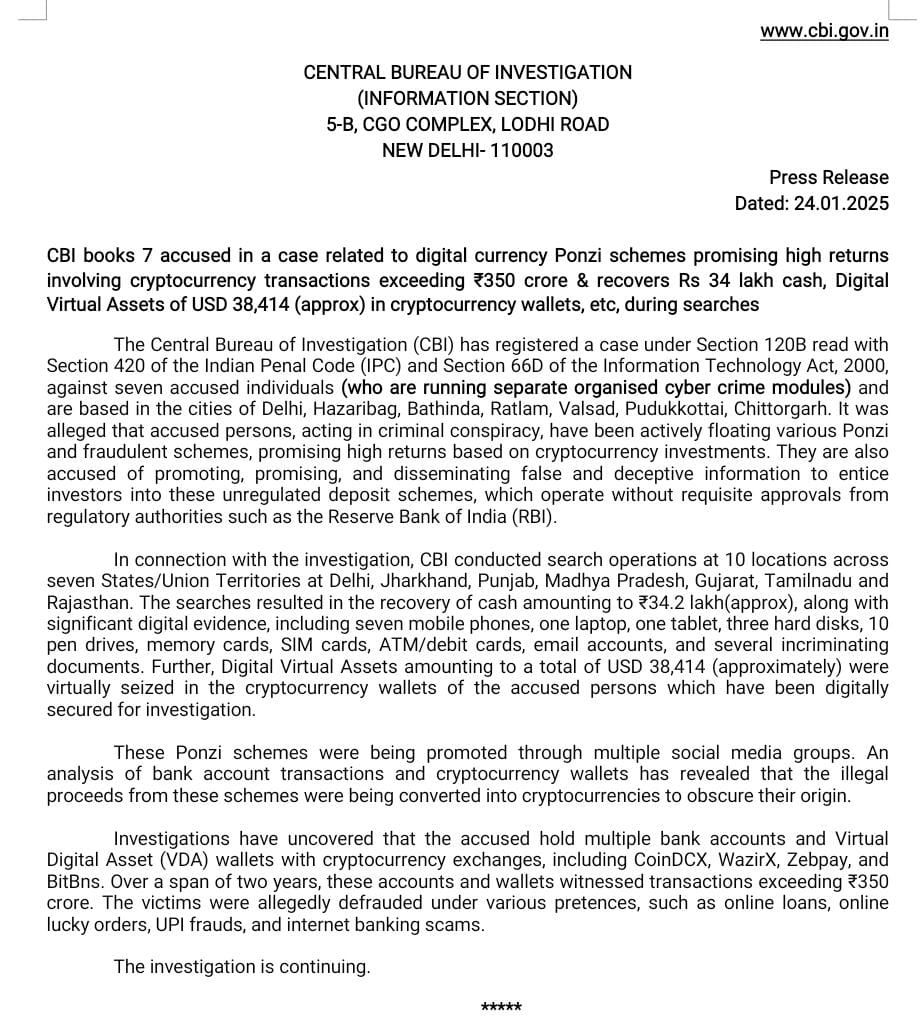 CBI books 7 accused in a case related to digital currency Ponzi schemes  promising high returns involving cryptocurrency transactions exceeding ₹350  crore & recovers Rs 34 lakh cash, Digital Virtual Assets of
