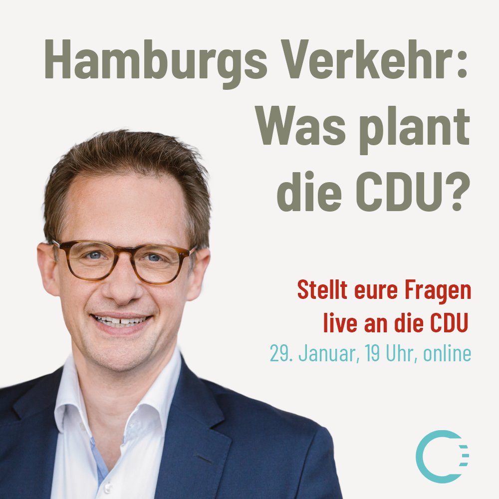 NAHVERKEHR HAMBURG (@nahverkehrhh) on Twitter photo Welche Verkehrsversprechen macht die <a href="/CDU_Hamburg/">CDU Hamburg</a> zur Bürgerschaftswahl in #Hamburg?
Das erklärt Spitzenkandidat Richard Seelmaecker live in unserem Mobilitätstalk am 29. Januar um 19 Uhr, online.
Jetzt anmelden: events.teams.microsoft.com/event/2e0facff… Welche Verkehrsversprechen macht die <a href="/CDU_Hamburg/">CDU Hamburg</a> zur Bürgerschaftswahl in #Hamburg?
Das erklärt Spitzenkandidat Richard Seelmaecker live in unserem Mobilitätstalk am 29. Januar um 19 Uhr, online.
Jetzt anmelden: events.teams.microsoft.com/event/2e0facff…